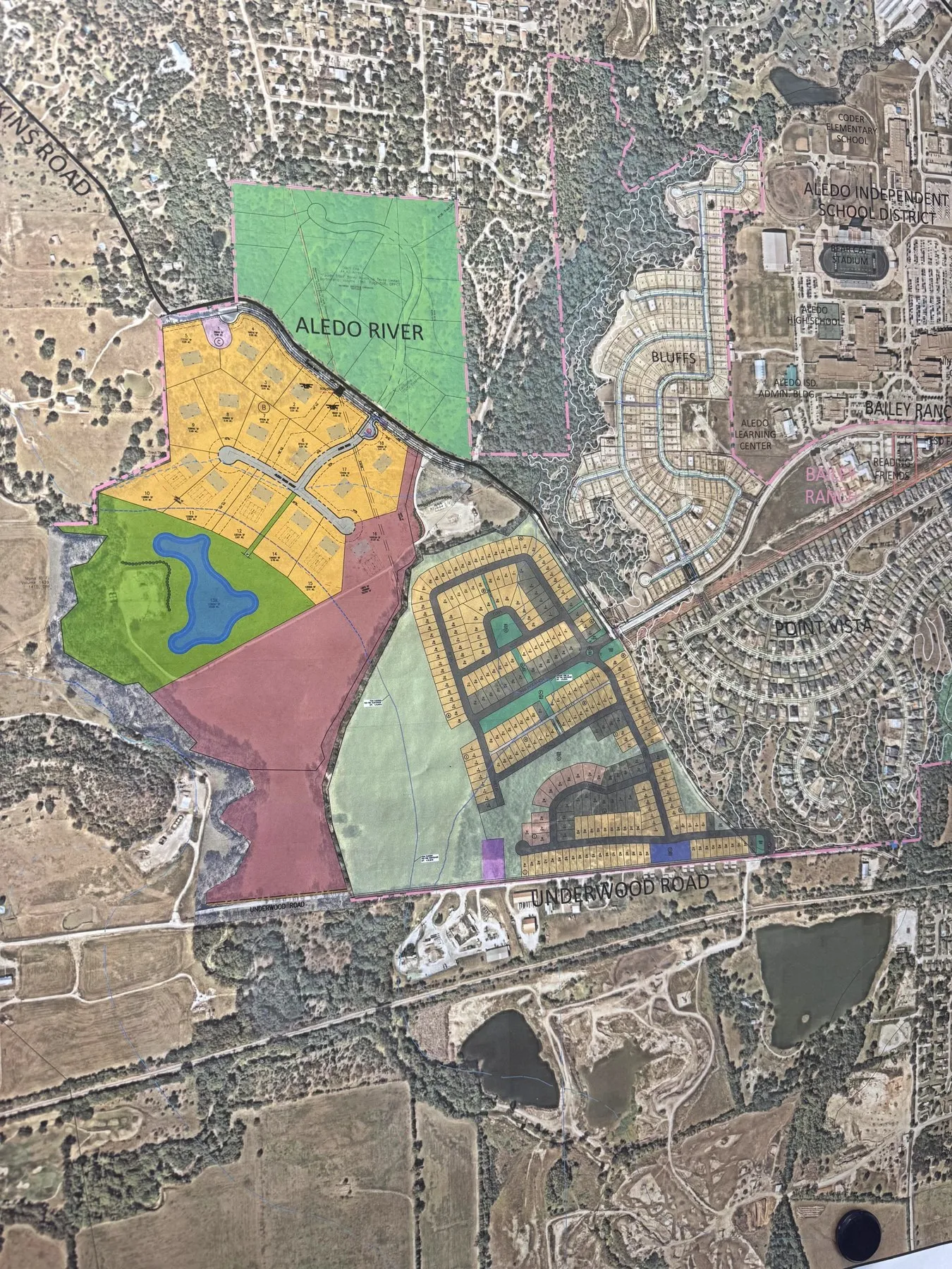 Color-coded master plan of the Aledo River and Bailey Ranch land in Aledo, Texas.