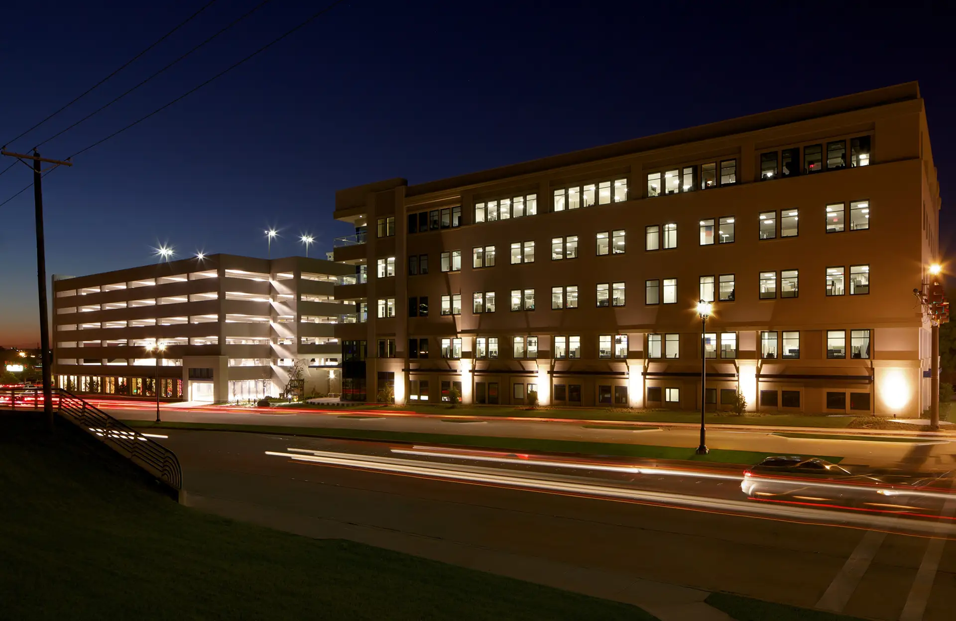 Cook Children's Rosedale headquarters at dusk.